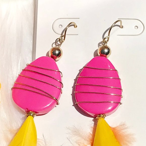 Boho Earrings Feather Tassel Dangles Pink Yellow - Picture 2 of 4